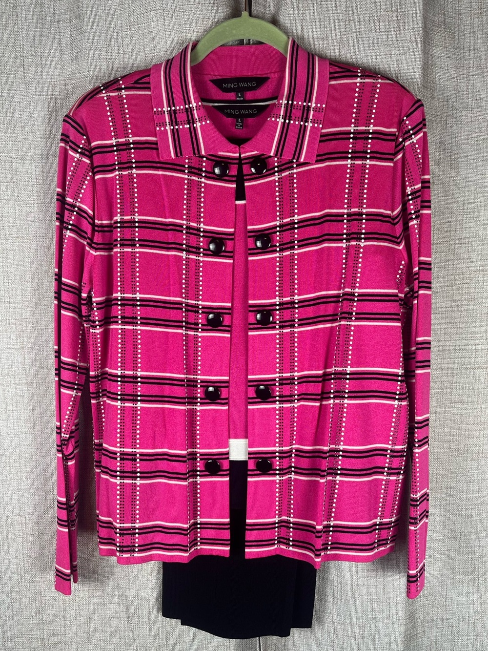 MING WANG 3 Peace Set Knit Jacket/ Tank Top /Pants Sz Large Pink Plaid Black EUC